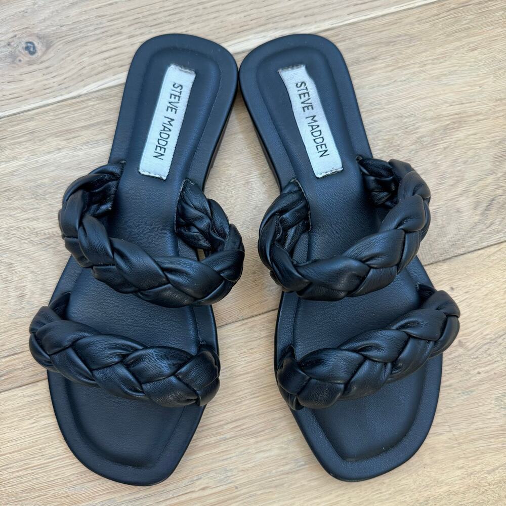Steve Madden Danney Braided Black Faux Leather Slide Sandals Size 7